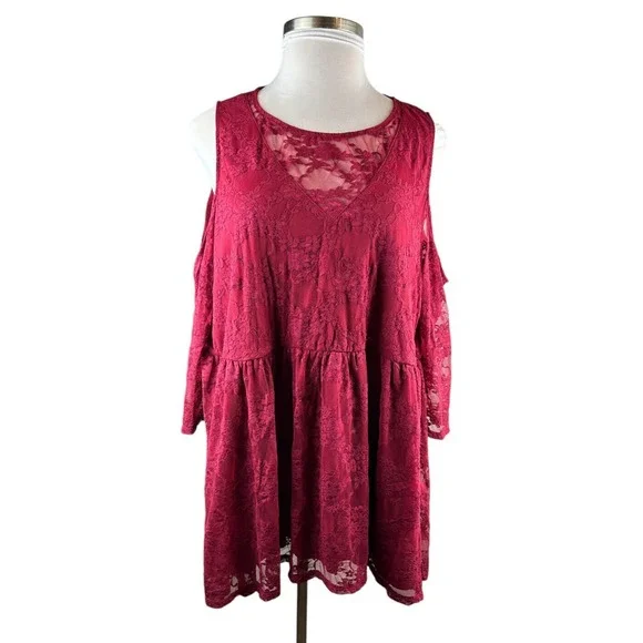 Torrid Babydoll Stretch Lace Cold Shoulder Top Biking Red Plus Size 4 4X - Picture 2 of 15
